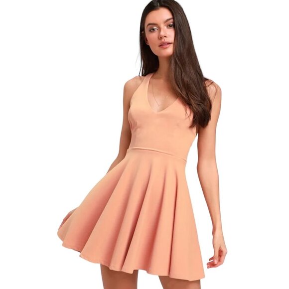 Lulus Peach Lawson Skater Dress With Deep V-Neckline & Open Back Design Size L - Picture 1 of 12
